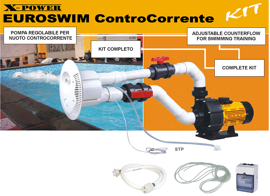 pompa per il nuoto controcorrente occorrente in kit completo di valvole e raccordi
