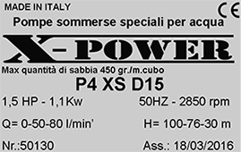 etichetta identificativa pompa a immersione xpower p4xs