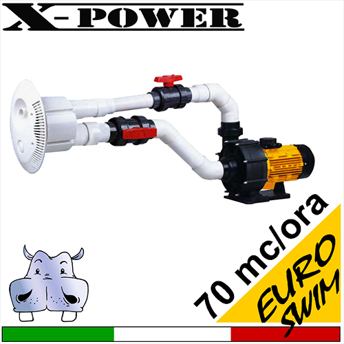 X-power Kit per il nuoto controcorrente, completo di elettropompa Euroswim per piscine, placca e accessori per il montaggio