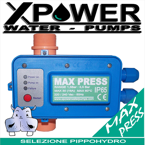 Xpower Regolatore di pressione Presscontrol Maxpress - pressione di  ripartenza pompa regolabile da 1,5Bar a 3,5Bar - applicabile a pompe max 3Hp 4