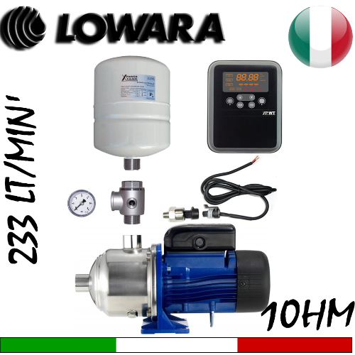 Kit Aumento pressione idrica completo di Elettropompa multistadio silenziosa Lowara 10HM03 - 10HM04 + abbinamento a inverter POWER DATA LIGHT - Alimentazione elettrica 230Vac