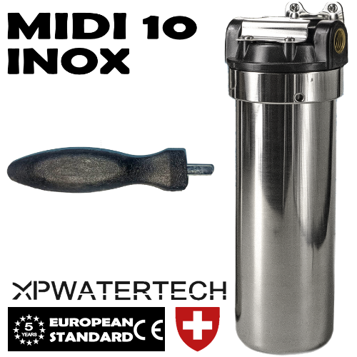 Midi 10 Inox contenitore a 3 pezzi completo di staffa per montaggio a parete e chiave per cartuccie filtro per acqua