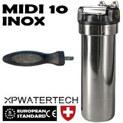 Midi 10 Inox contenitore a 3 pezzi completo di staffa per montaggio a parete e chiave per cartuccie filtro per acqua