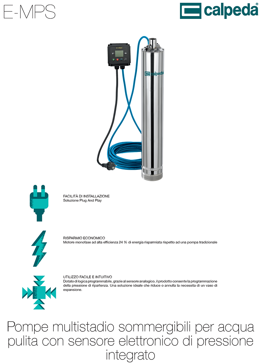 Calpeda E-MPS  Calpeda E-MPS pump  Calpeda E-MPS submersible pump  Calpeda E-MPS multistage pump  Calpeda E-MPS electronic control  Calpeda E-MPS pressure system  E-MPS Calpeda booster