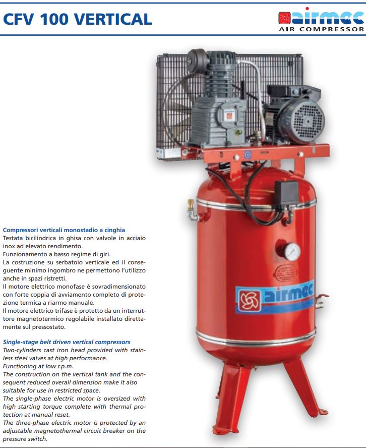 Compressore Airmec verticale monostadio 100 LT Airmec compressori verticali