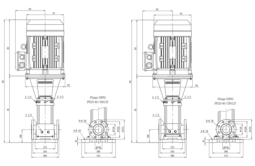pompe verticali disegno tecnico con dimensioni di ingombro