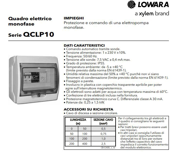 Quadro elettrico Lowara avviatore per elettropompa QCLP10 V230M monofase  completo di condensatore centrale per sonde di livello, protezione  amperometrica Quadri elettrici Lowara per elettropompe