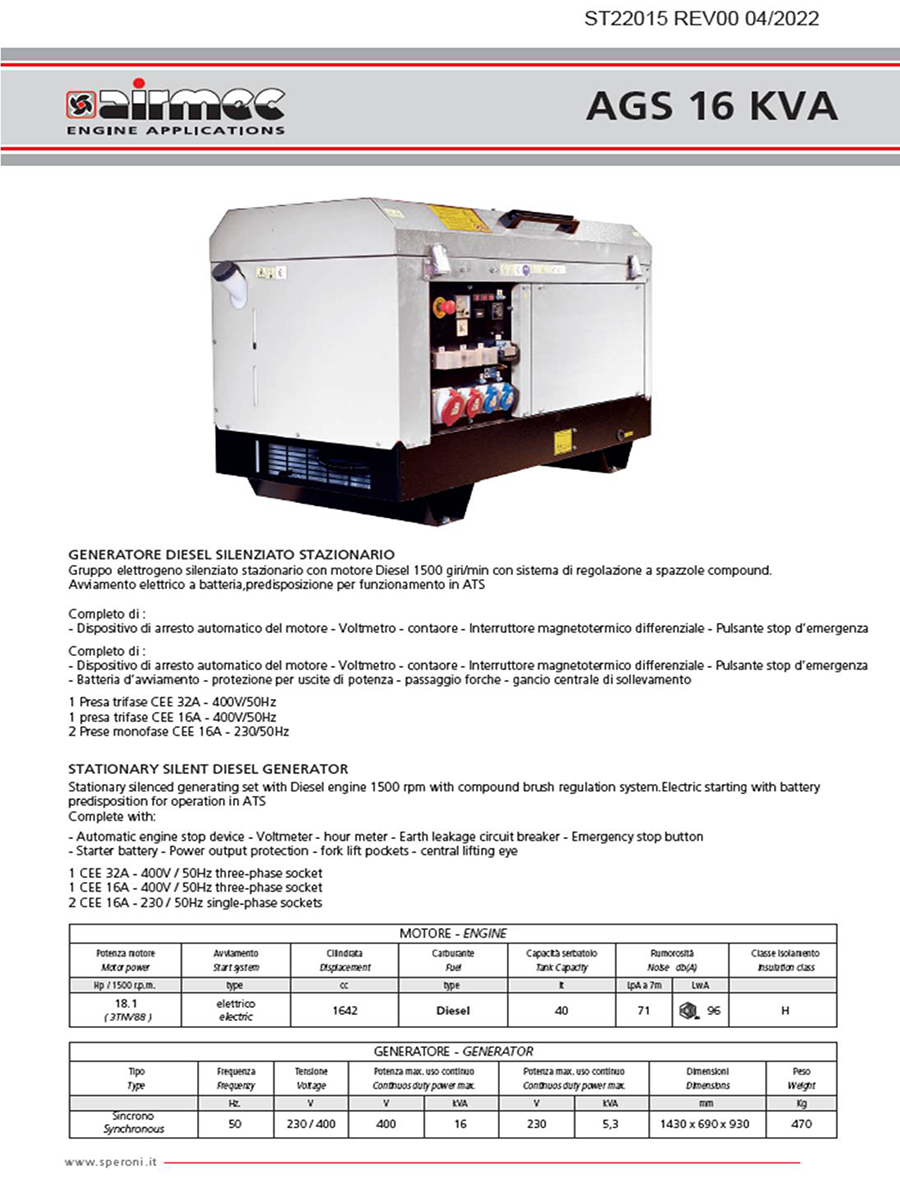 Generatore Gruppo Elettrogeno a diesel AGS16KVA 14,4 KW 14000W avviamento  elettrico Airmec - generatori Diesel